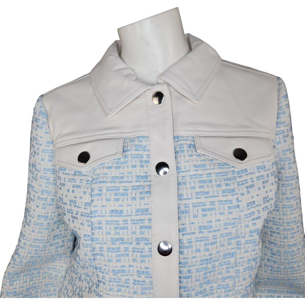 Dennis Basso Mixed Media Faux Leather and Tweed Jacket Light Blue Size 2‎ - Picture 2 of 16